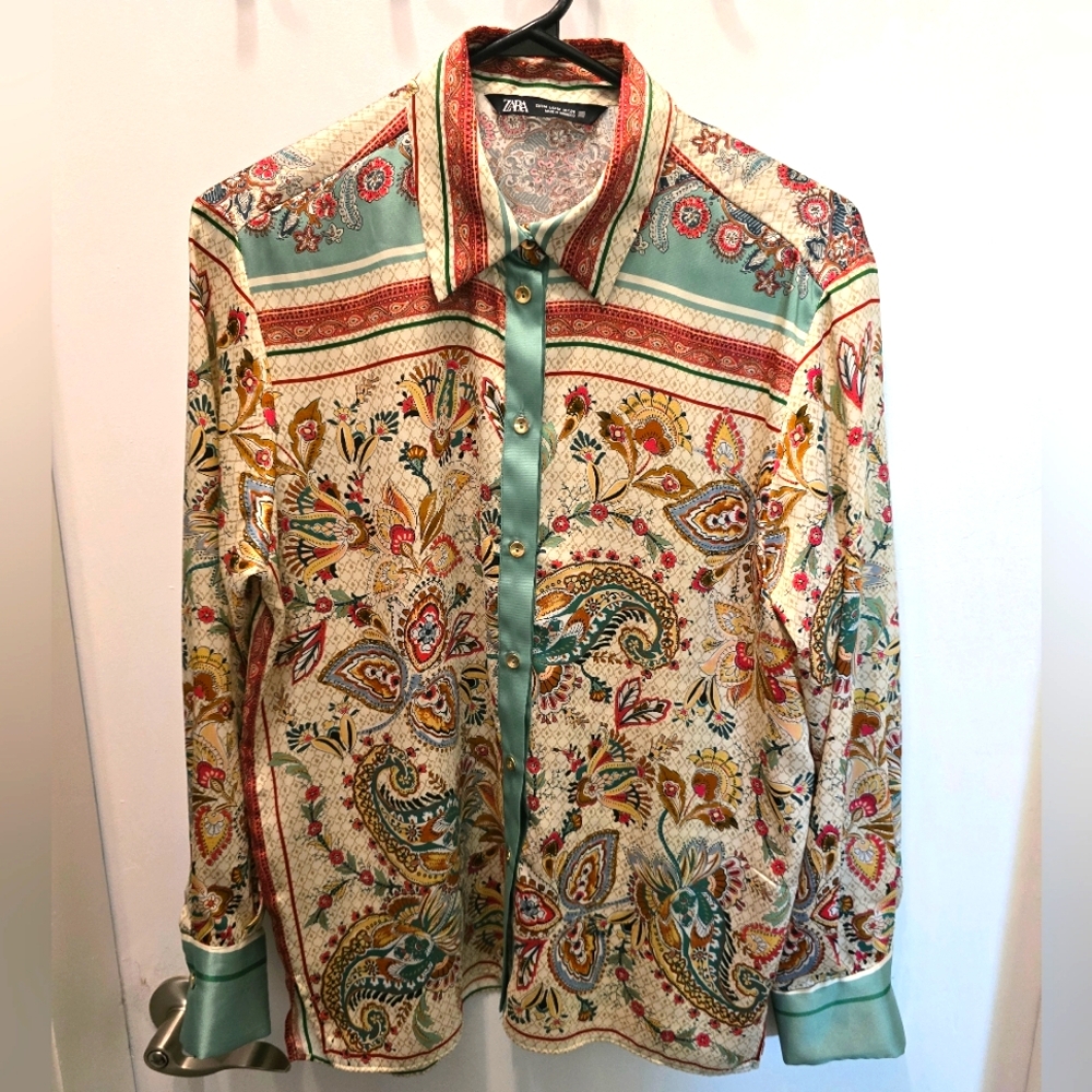 Zara Paisley Print Button-Front Blouse in Teal, Cream and Gold